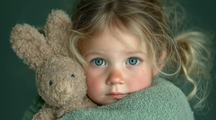 little girl holding a bunny plush toy. 