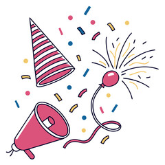 Celebration elements including a party hat megaphone balloon and confetti in a festive design