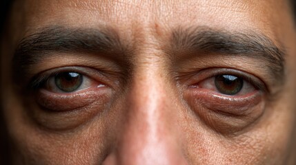 Fototapeta premium Extreme close-up of tired human eyes with pronounced under-eye bags and dark circles, realistic skin texture, natural lighting, visible wrinkles and puffiness, neutral background