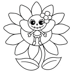 Skeleton fairy on a flower with leaves black and white cartoon