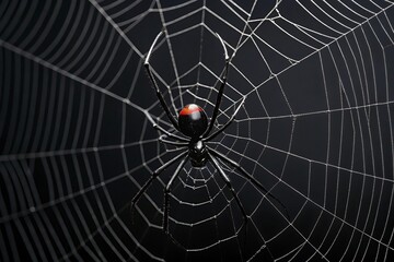 Fototapeta premium A closeup shot of a spider on its web, showcasing the intricate details of the web and the spiders unique markings, creating a captivating image