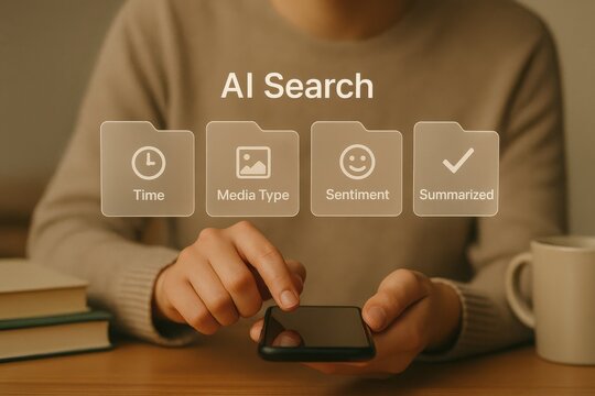 User using AI search tool on smartphone with filters by time, media type, sentiment, and summarized content
