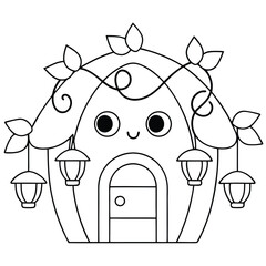 Whimsical cottage with smiling face and hanging lanterns vector