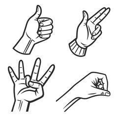 Collection of four distinct hand gestures including thumbs up two fingers four fingers and a fist