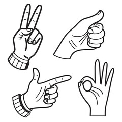 Collection of four diverse hand gestures including victory peace sign thumbs up pointing and ok symbol