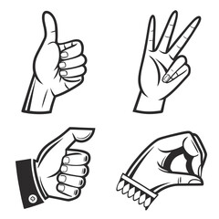 Collection of four stylized black and white hand gestures including thumbs up victory sign pinch and a fist