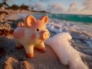 Piggy Bank at Beach Financial Dreams on Seaside with Savings, Vacation, and Tropical.