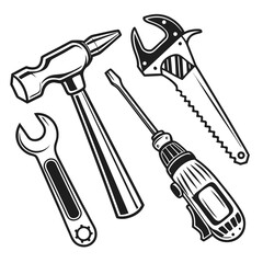 Collection of hand tools including a hammer wrench screwdriver and saw
