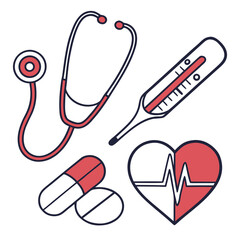 Collection of medical icons including a stethoscope thermometer pills and a heart with a heartbeat line