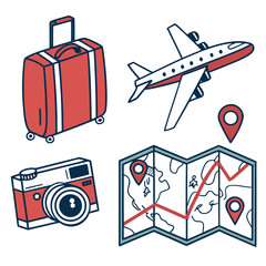 Collection of travel essentials including a suitcase airplane camera map and location pins