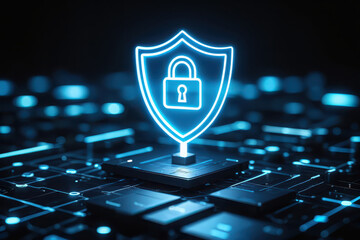 Digital security concept with a glowing blue shield and lock icon on a computer circuit board, representing cybersecurity