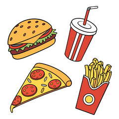 Colorful cartoon illustration of a hamburger slice of pizza french fries and a soda cup