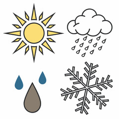 Collection of weather icons representing sun rain snow and water droplets on a white background