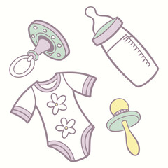 Cute baby essentials including a onesie baby bottle and two pacifiers in pastel colors