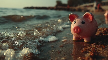 Piggy Bank at the Beach Saving for Vacation or Financial Freedom.