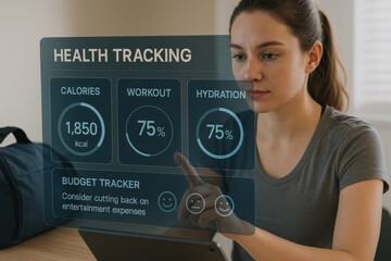 Woman tracking health metrics with digital dashboard showing calories, workout completion, hydration, and budget tips
