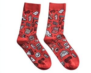Playful Cartoon Socks: Vibrant Red Apparel Illustrations with Colorful Designs