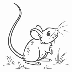 Cute cartoon mouse with long tail standing in grass with whiskers twitching