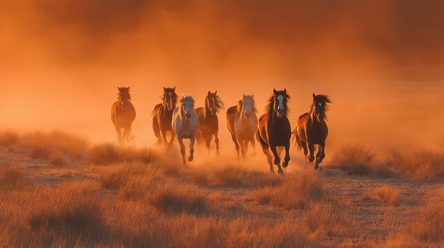 Horses galloping across a dusty trail during golden hour