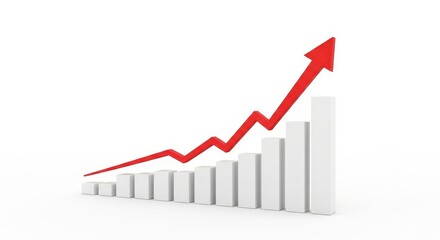 Obraz premium Rising Bar Graph Showing Growth - A 3D bar graph with a red arrow pointing upward, illustrating positive growth and progress. Ideal for business, finance, and success concepts