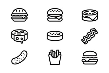 Burger ingredients and fast food icons hamburger french fries