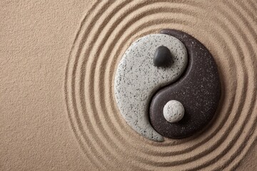 Top View of Tranquil Zen Garden Featuring Yin Yang Stones Amidst Serene Sand Landscape