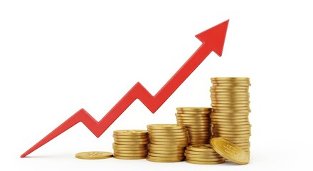 Rising Costs: The Increasing Price of Living - Illustrates rising living costs with a red arrow symbolizing inflation, stacks of gold coins representing increasing prices, financial burden, economic