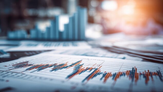 Financial charts and graphs with blurred cityscape background