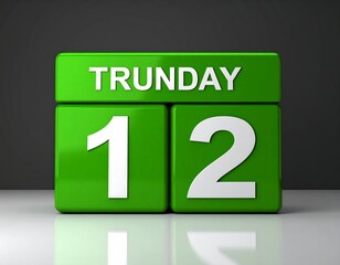 A bright green calendar cube displaying "Trunday" and the date "12