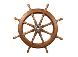 Wooden ship's wheel isolated on a transparent background in PNG format.