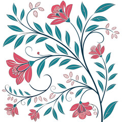Elegant floral design with blooming pink flowers and teal leaves on a white background