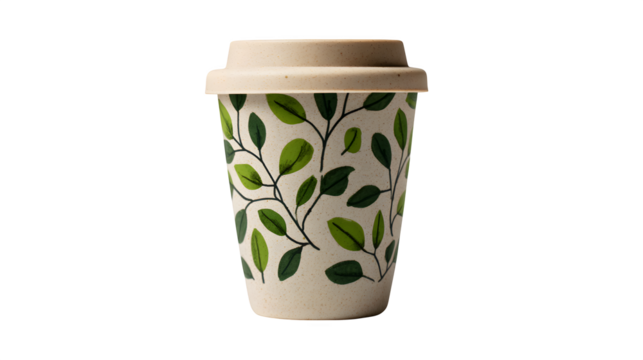 Reusable Beige Cup with Silicone Lid and Green Leaves isolated on transparent white background --ar 16:9 --raw