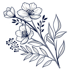 Elegant line art illustration of delicate blooming flowers and leaves on a white background