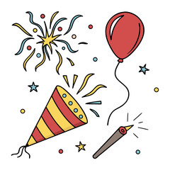 Festive celebration elements including a bursting party popper red balloon and sparkler with confetti and stars