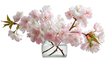 Pink and White Cherry Blossoms in Elegant Glass Vase isolated on transparent white background --ar 16:9 --raw