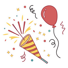 Festive celebration with a popping party popper red balloon confetti and streamers