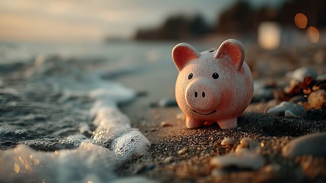 Piggy Bank on Beach at Sunset  Savings for Vacation with Travel, and Dreams.