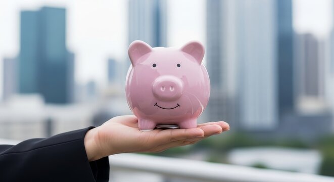 Secure Savings Future - A hand gently cradles a pink piggy bank, symbolizing financial security, careful planning, future prosperity, steady growth, and wise investments