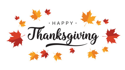 Happy Thanksgiving Vector Text with Falling Autumn Maple Leaves