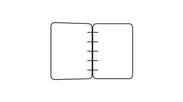 Looped animation of a notebook flipping pages and closing in minimalist outline icon style. 4k seamless footage showing writing object, clean education symbol, and interface element for visuals