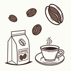 Hand drawn illustration of coffee beans a bag of coffee and a steaming cup of coffee