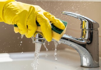 Sparkling Clean: Hand Washing Chrome Faucet - A close-up shot of a hand in a yellow glove cleaning a shiny chrome faucet with a sponge.