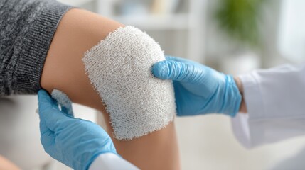 A medical professional applying cold compress to swollen knee of a patient, clinical environment, bright clean background