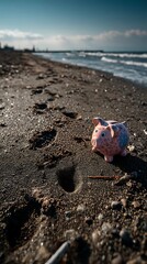 Piggy Bank on Beach Coastal Savings Concept with Seaside Financial Future.
