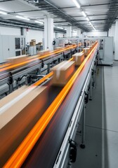 Speedy Package Conveyor System - Fast-moving boxes, bright orange light trails, efficient logistics, industrial automation, modern warehouse