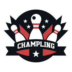 Bowling Championship Emblem Design with Three Pins and Stars