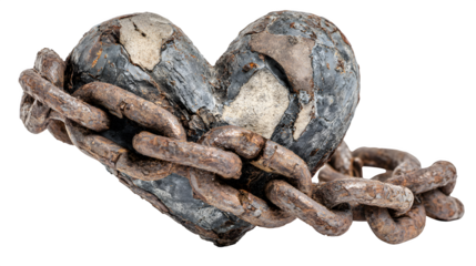 Rustic Metal Chain Wrapped Around a Weathered Heart Sculpture isolated on transparent white background --ar 16:9 --raw