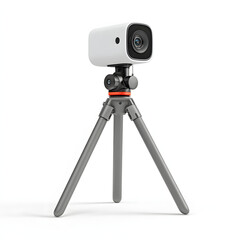 A white webcam with a black lens mounted on a gray tripod, isolated against a white background in a studio