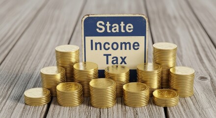 State Income Tax and Financial Wealth - Stacks of gold coins sit before a sign reading "State Income Tax," illustrating the financial implications of state taxes