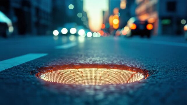A vibrant urban street scene at dusk featuring a glowing manhole cover with blurred vehicle lights and buildings in the background capturing the essence of city life